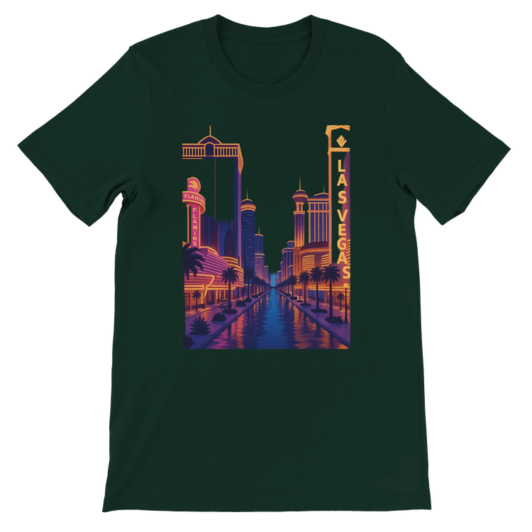 Forest green Las Vegas City Animated Style t-shirt with vibrant artistic animated Las Vegas skyline. Soft eco-friendly cotton streetwear shirt for travel lovers and casual fashion outfits.