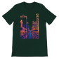 Forest green Las Vegas City Animated Style t-shirt with vibrant artistic animated Las Vegas skyline. Soft eco-friendly cotton streetwear shirt for travel lovers and casual fashion outfits.