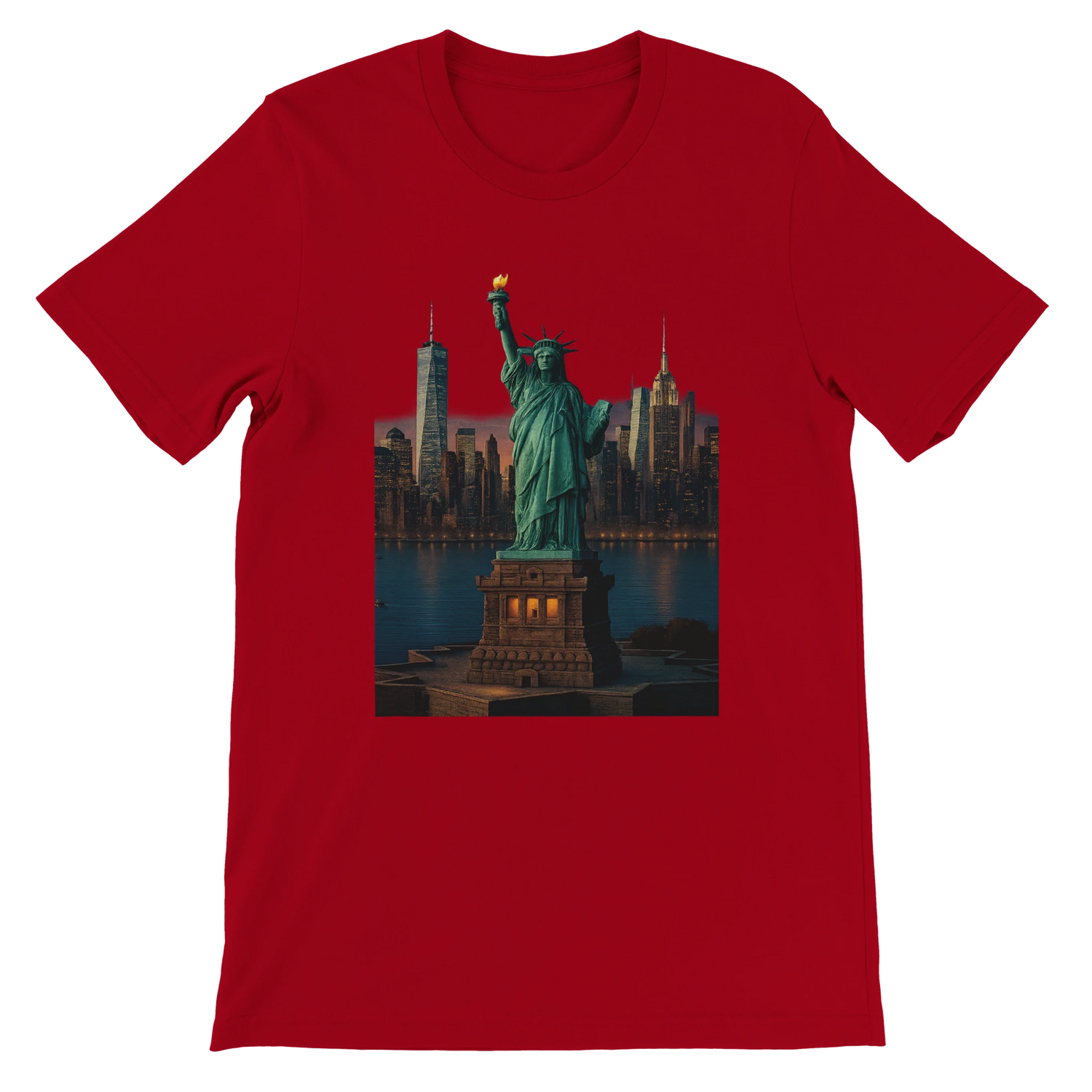 Red Statue of Liberty New York City animated graphic t-shirt with vibrant landmark art. Soft unisex cotton tee perfect for bold streetwear and world landmark inspired outfits.