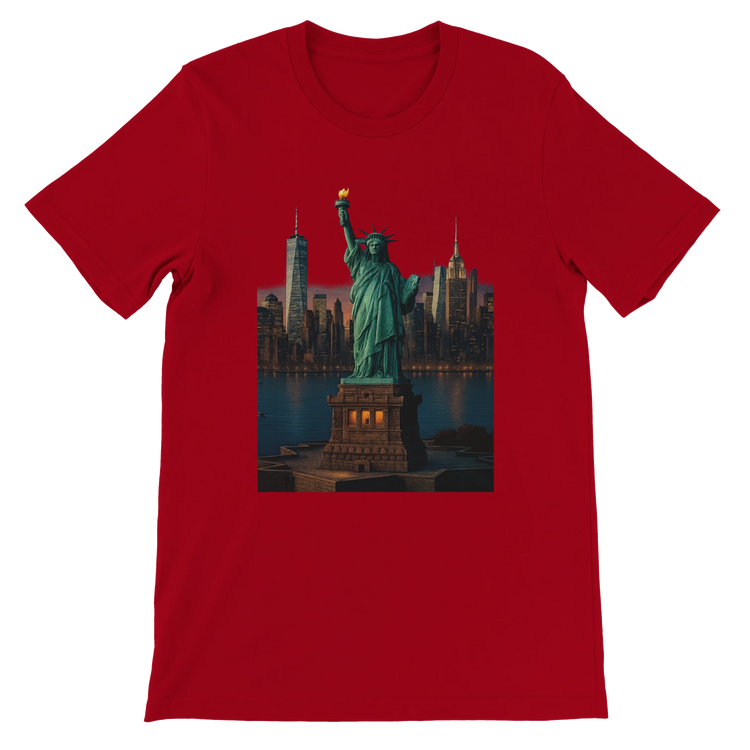 Red Statue of Liberty New York City animated graphic t-shirt with vibrant landmark art. Soft unisex cotton tee perfect for bold streetwear and world landmark inspired outfits.