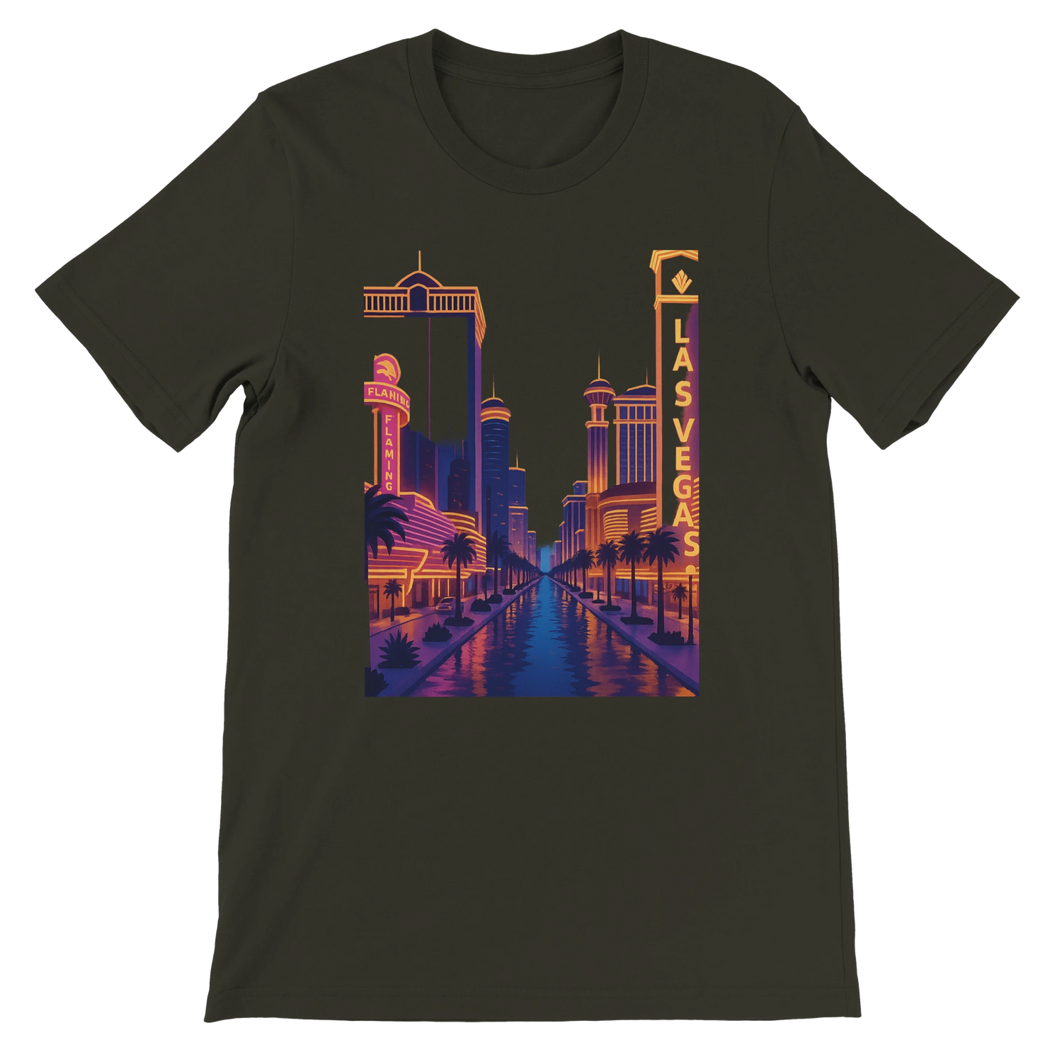 Dark Olive Las Vegas City Animated Style t-shirt with colorful animated skyline artwork. Travel-inspired unisex cotton tee for casual urban wear and stylish city-themed streetwear.