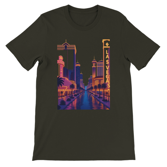 Dark Olive Las Vegas City Animated Style t-shirt with colorful animated skyline artwork. Travel-inspired unisex cotton tee for casual urban wear and stylish city-themed streetwear.