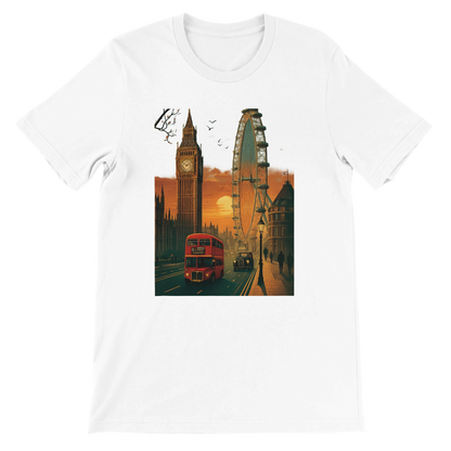 White London City Animated Style T-shirt with vibrant landmark illustration in streetwear design featuring iconic London skyline and Big Ben graphic printed on premium soft cotton unisex tee perfect for travel lovers and urban fashion enthusiasts