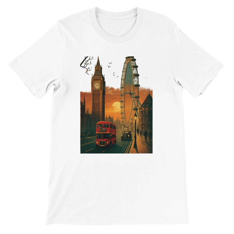 White London City Animated Style T-shirt with vibrant landmark illustration in streetwear design featuring iconic London skyline and Big Ben graphic printed on premium soft cotton unisex tee perfect for travel lovers and urban fashion enthusiasts