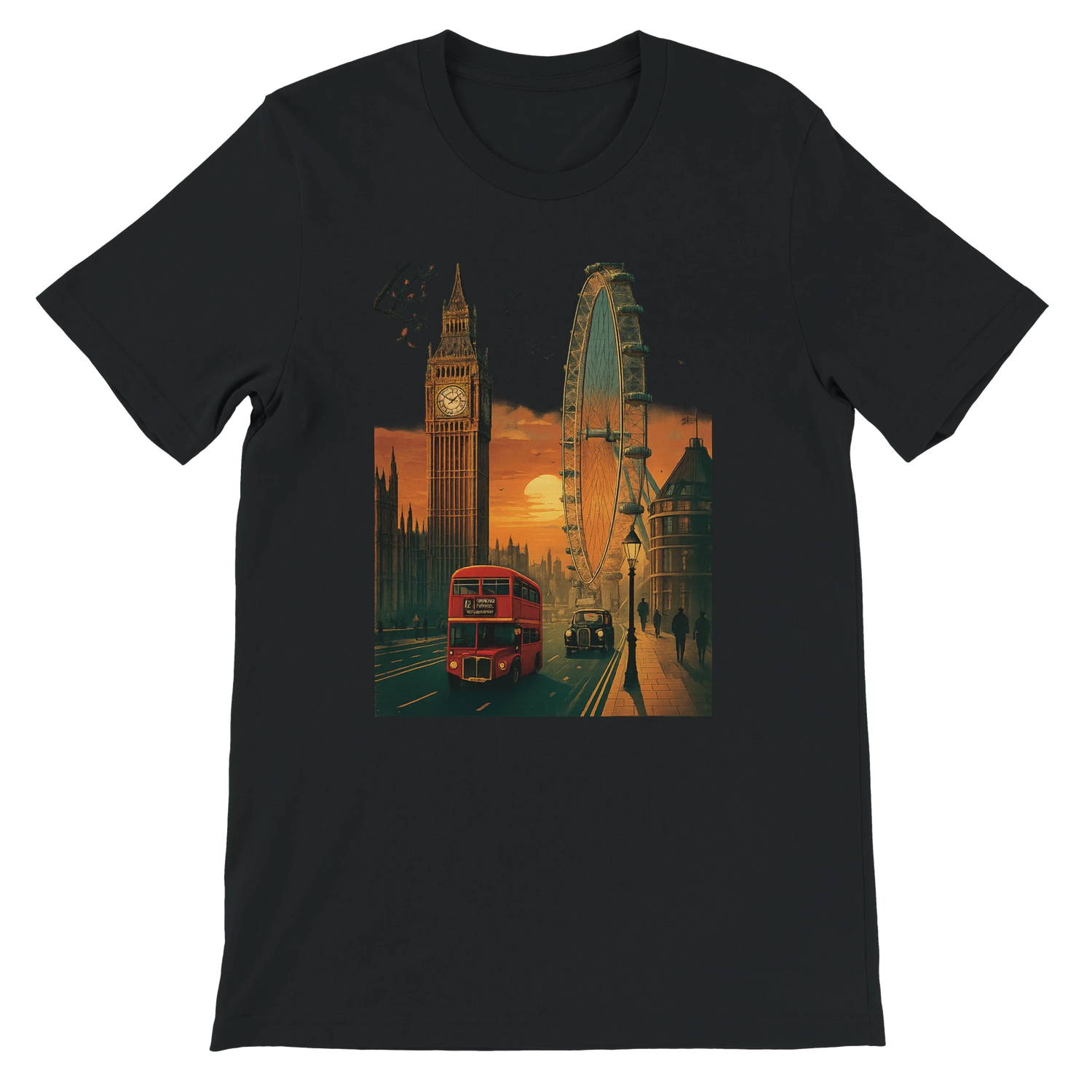 Black London City Animated Style cotton T-shirt with vibrant colorful London skyline illustration DTG printed unisex streetwear travel tee for men and women