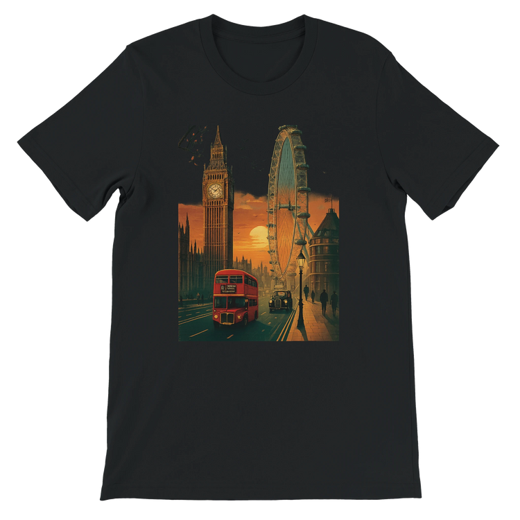 Black London City Animated Style cotton T-shirt with vibrant colorful London skyline illustration DTG printed unisex streetwear travel tee for men and women