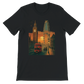 Black London City Animated Style cotton T-shirt with vibrant colorful London skyline illustration DTG printed unisex streetwear travel tee for men and women