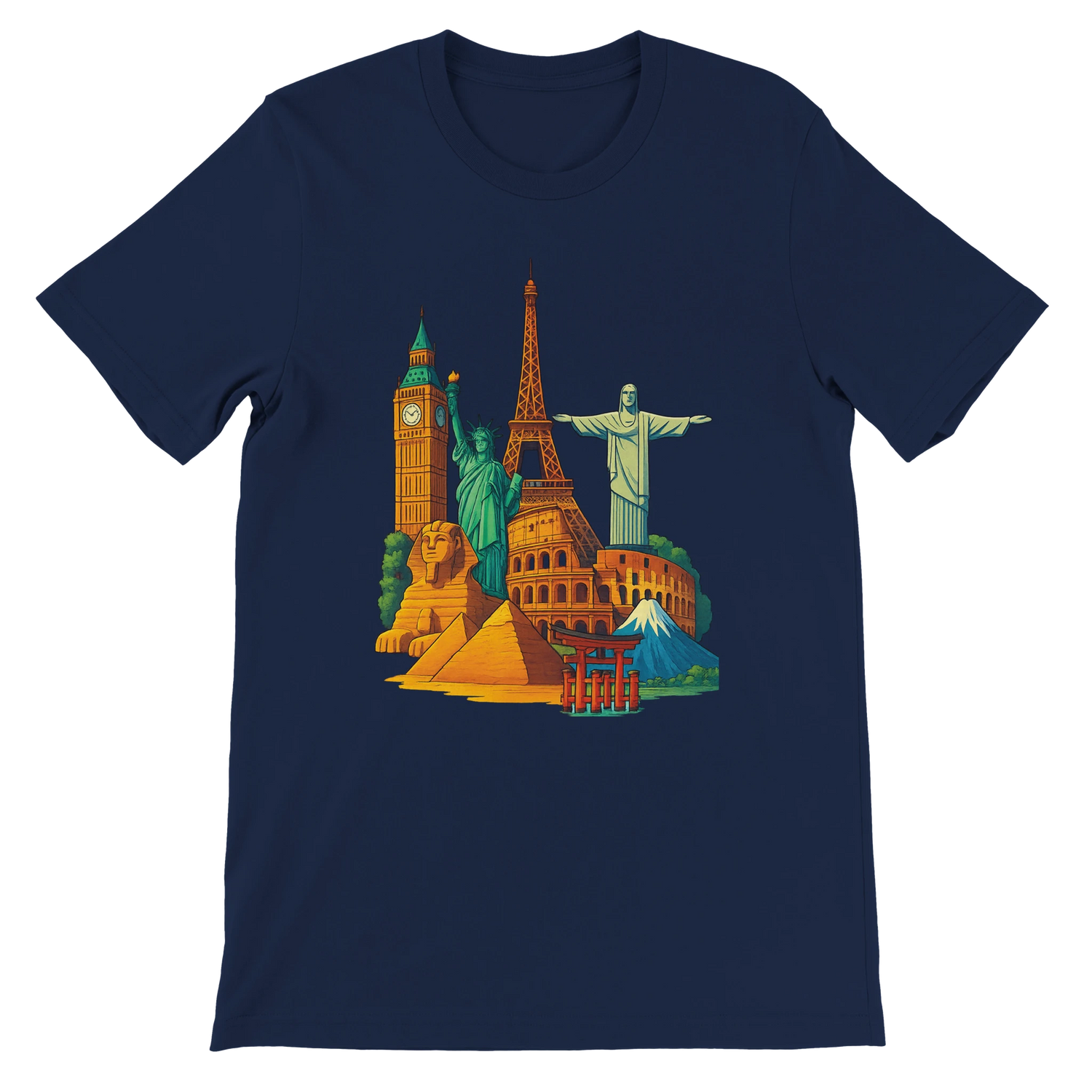 Navy Famous Landmarks Animated Style T-Shirt featuring colorful animated artwork of world famous monuments for travel lovers and city culture explorers in a breathable premium cotton unisex cut perfect for tourism inspired streetwear fashion