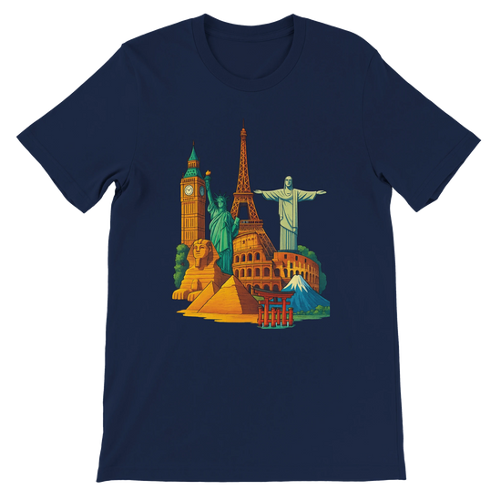 Navy Famous Landmarks Animated Style T-Shirt featuring colorful animated artwork of world famous monuments for travel lovers and city culture explorers in a breathable premium cotton unisex cut perfect for tourism inspired streetwear fashion