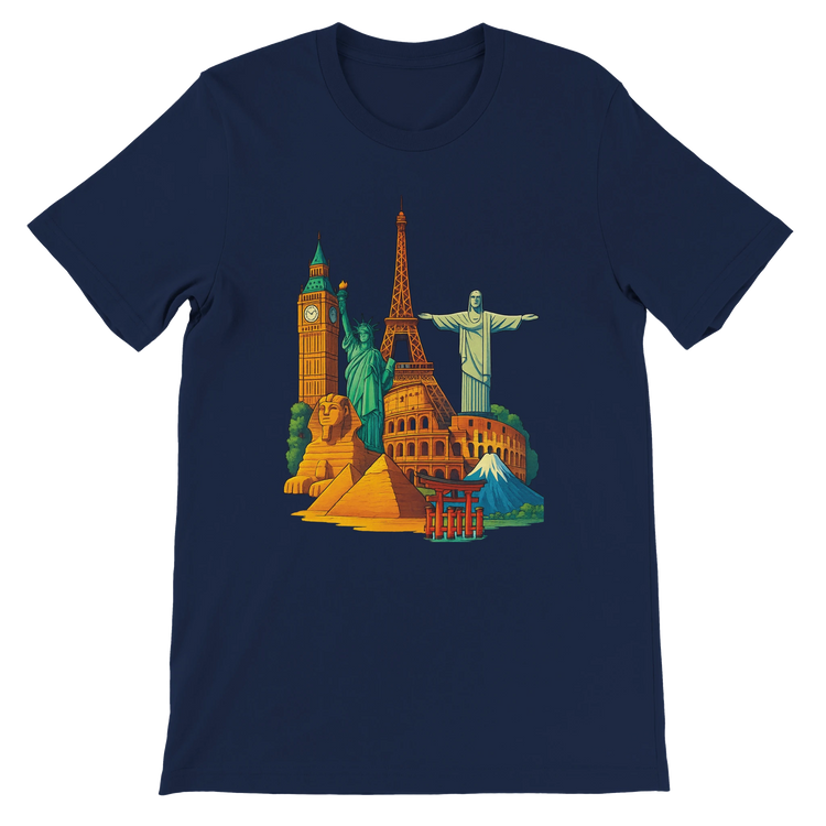 Navy Famous Landmarks Animated Style T-Shirt featuring colorful animated artwork of world famous monuments for travel lovers and city culture explorers in a breathable premium cotton unisex cut perfect for tourism inspired streetwear fashion