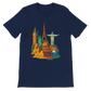 Navy Famous Landmarks Animated Style T-Shirt featuring colorful animated artwork of world famous monuments for travel lovers and city culture explorers in a breathable premium cotton unisex cut perfect for tourism inspired streetwear fashion
