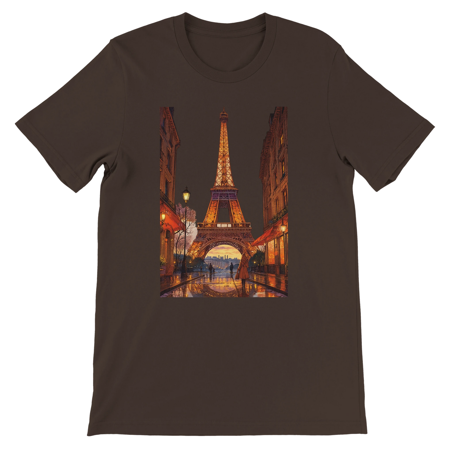 Brown Eiffel Tower Paris animated t-shirt crafted in premium breathable cotton with travel inspired art design perfect for streetwear lovers travelers and global culture fans eco friendly and ideal for print on demand fashion collections