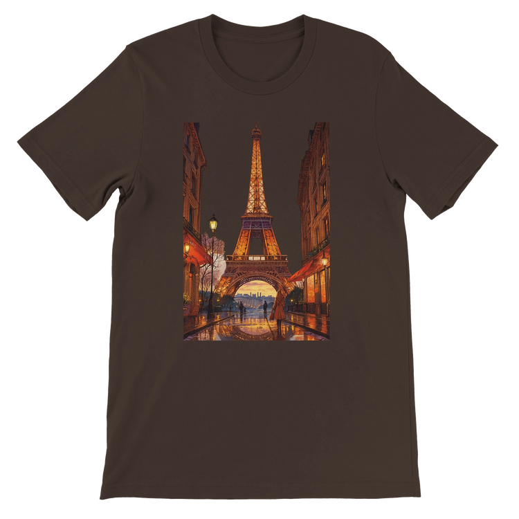 Brown Eiffel Tower Paris animated t-shirt crafted in premium breathable cotton with travel inspired art design perfect for streetwear lovers travelers and global culture fans eco friendly and ideal for print on demand fashion collections