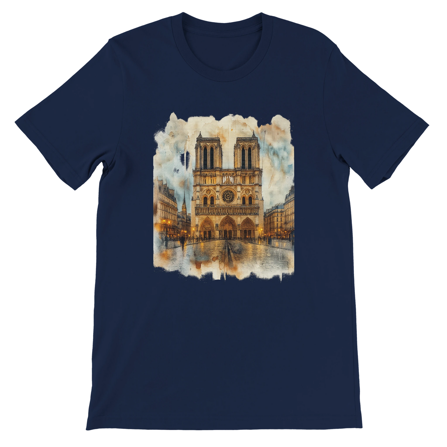 Navy Notre Dame Cathedral Paris France travel graphic t shirt with animated landmark illustration. High quality streetwear tee for cultural explorers, city lovers, and casual fashion with a unique artistic twist.