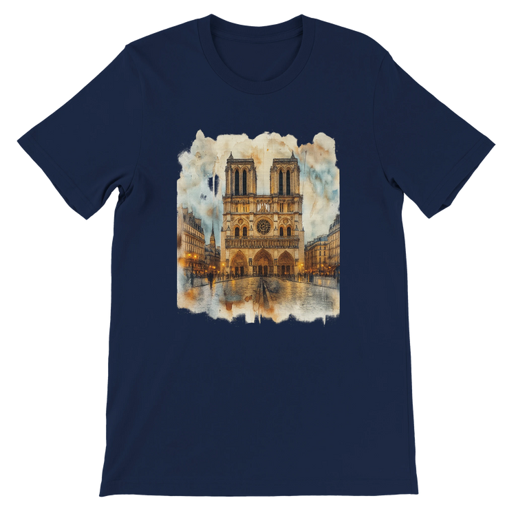 Navy Notre Dame Cathedral Paris France travel graphic t shirt with animated landmark illustration. High quality streetwear tee for cultural explorers, city lovers, and casual fashion with a unique artistic twist.