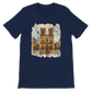 Navy Notre Dame Cathedral Paris France travel graphic t shirt with animated landmark illustration. High quality streetwear tee for cultural explorers, city lovers, and casual fashion with a unique artistic twist.