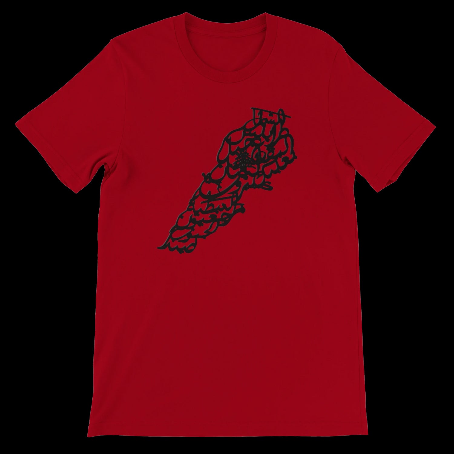 Red tee with black Arabic calligraphy map of Lebanon.