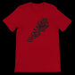 Red tee with black Arabic calligraphy map of Lebanon.