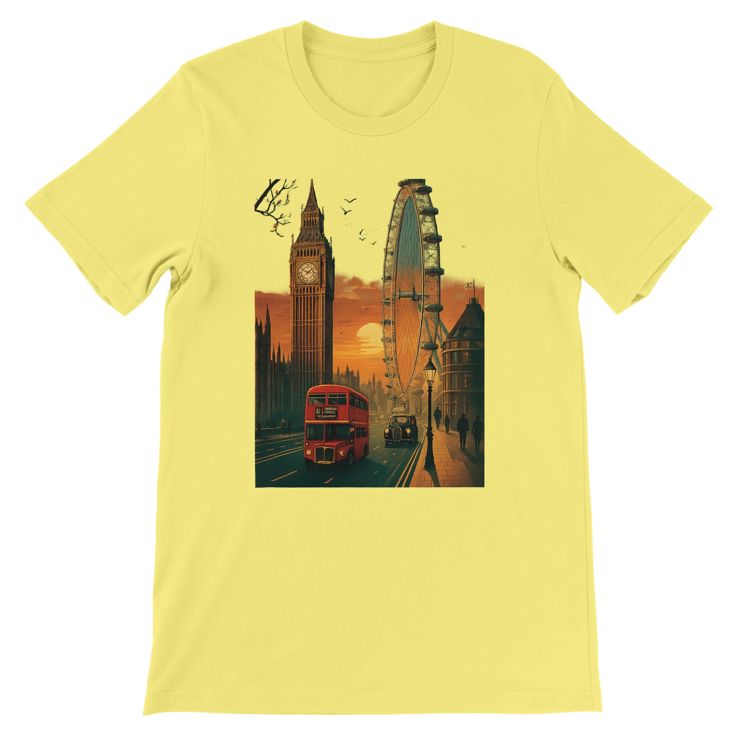 Yellow London City Animated Style graphic T-shirt with colorful London skyline print streetwear travel shirt made from soft cotton perfect for DTG printing and casual city inspired outfits for men and women