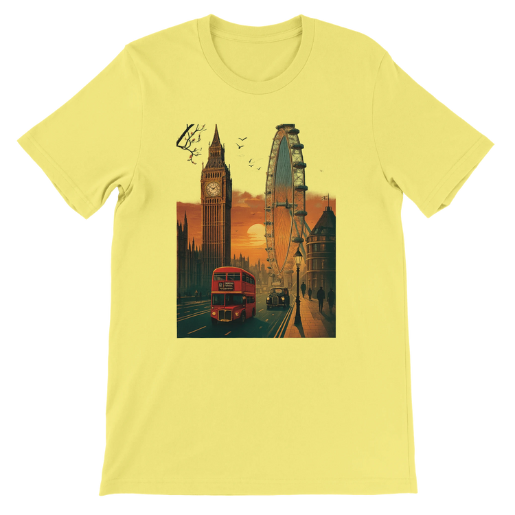 Yellow London City Animated Style graphic T-shirt with colorful London skyline print streetwear travel shirt made from soft cotton perfect for DTG printing and casual city inspired outfits for men and women