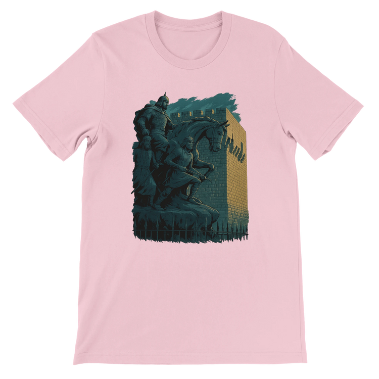 Pink animated landmark t-shirt showcasing Salah Al Din statue in Damascus Syria with artistic Middle Eastern flair. Eco-conscious cotton streetwear tee made for travelers and dreamers. Great for DTG printing and expressive world culture outfits.