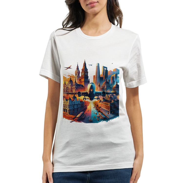 Yellow graphic travel t shirt with colorful animated designs of iconic landmarks from Paris to Cairo made from premium combed cotton ideal for travel lovers wanderlust fashion fans and casual everyday wear.
