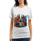 Yellow graphic travel t shirt with colorful animated designs of iconic landmarks from Paris to Cairo made from premium combed cotton ideal for travel lovers wanderlust fashion fans and casual everyday wear.