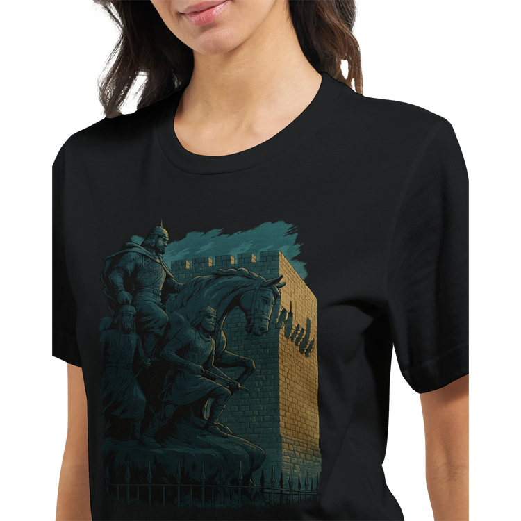 Streetwear t-shirt with modern animated graphic of Salah Al Din statue from Syria. Cultural street fashion meets bold graphic design on this DTG-ready unisex tee built for comfort and creative self-expression.
