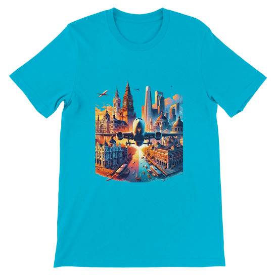 Turquoise cotton t-shirt featuring animated artwork of iconic landmarks including the Eiffel Tower and ancient wonders. Soft durable streetwear fashion tee perfect for travel lovers urban explorers and art inspired casual outfits.