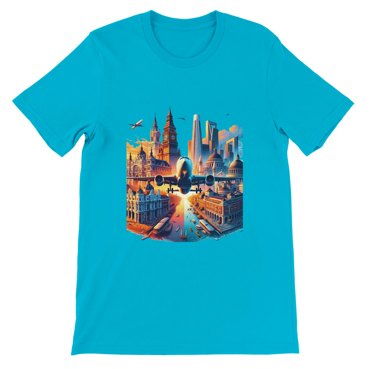 Turquoise cotton t-shirt featuring animated artwork of iconic landmarks including the Eiffel Tower and ancient wonders. Soft durable streetwear fashion tee perfect for travel lovers urban explorers and art inspired casual outfits.