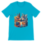 Turquoise cotton t-shirt featuring animated artwork of iconic landmarks including the Eiffel Tower and ancient wonders. Soft durable streetwear fashion tee perfect for travel lovers urban explorers and art inspired casual outfits.