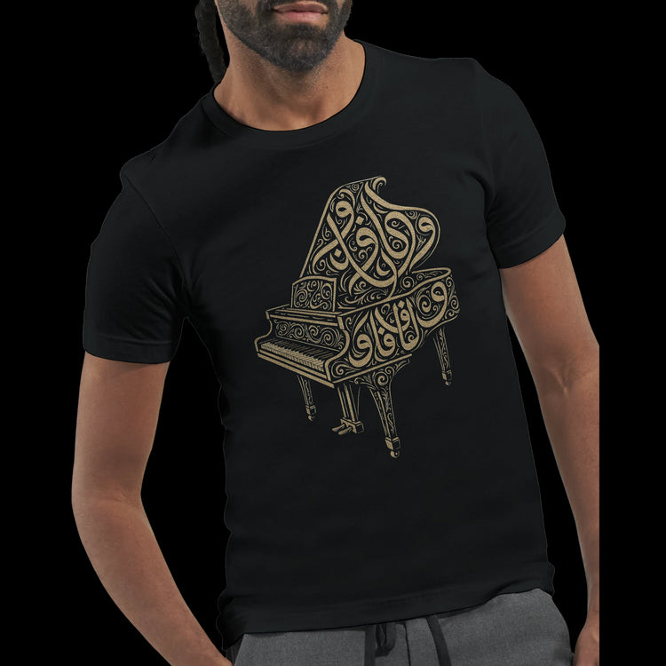 Black streetwear shirt with artistic Arabic lettering and piano symbolism. A standout DTG-ready tee for creative fashion lovers who value cultural depth and urban aesthetics.