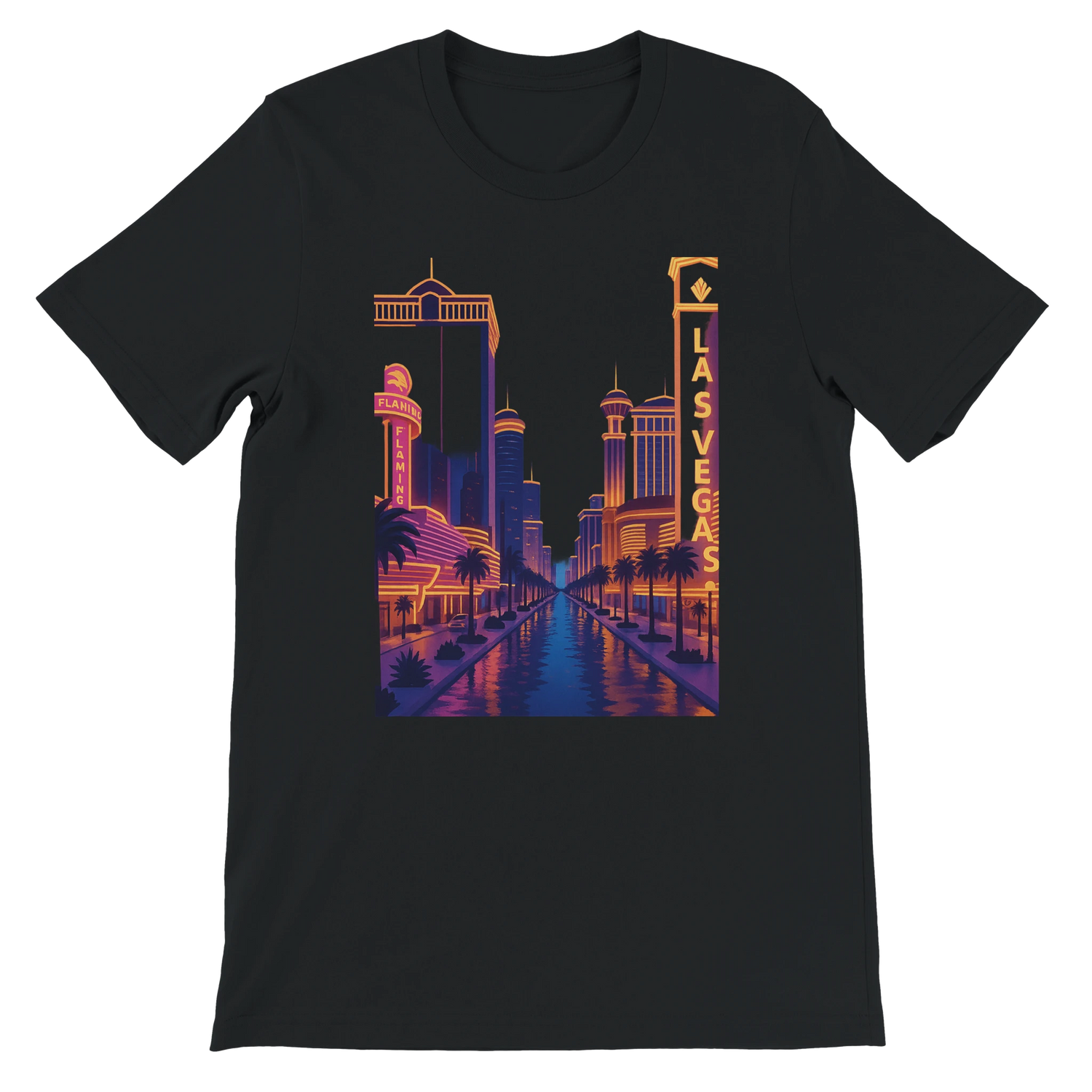 Black Las Vegas City Animated Style t-shirt featuring bright animated Las Vegas city skyline artwork. Unisex premium cotton tee for modern streetwear travel fashion and lovers of bold city prints.