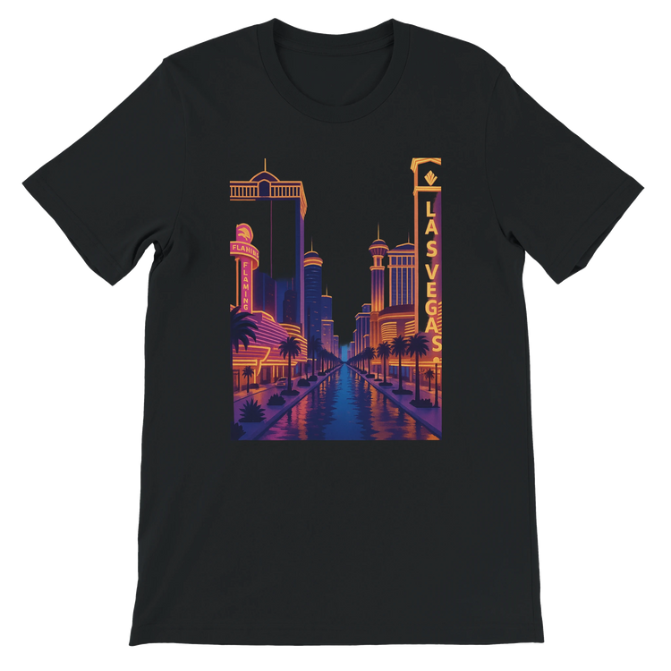 Black Las Vegas City Animated Style t-shirt featuring bright animated Las Vegas city skyline artwork. Unisex premium cotton tee for modern streetwear travel fashion and lovers of bold city prints.