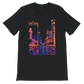 Black Las Vegas City Animated Style t-shirt featuring bright animated Las Vegas city skyline artwork. Unisex premium cotton tee for modern streetwear travel fashion and lovers of bold city prints.