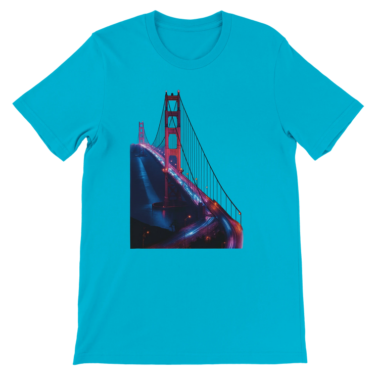 Turquoise Golden Gate Bridge animated art t shirt for vibrant streetwear and travel inspired fashion. High quality cotton tee with bold landmark design perfect for casual wear vacation outfits and city lovers apparel.