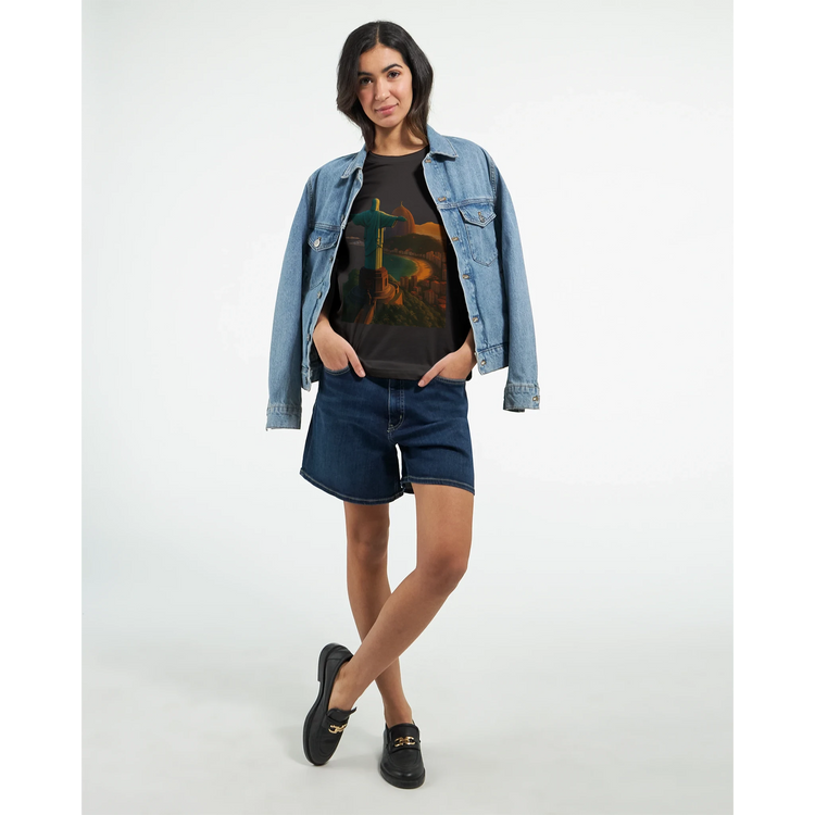 Rio de Janeiro landmark t shirt featuring animated Christ the Redeemer graphic. Unisex soft cotton DTG print tee for travel enthusiasts globe trotters and fashion forward explorers.