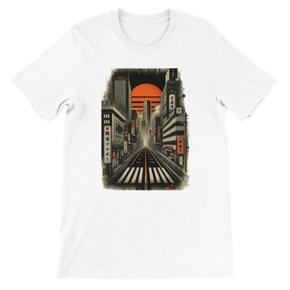 White Tokyo Nights animated t shirt featuring vibrant neon city lights and Japanese street style design premium unisex fit breathable cotton fabric eco friendly print on demand apparel perfect for travelers anime lovers and Tokyo fashion fans