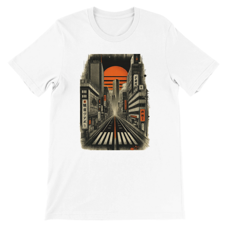 White Tokyo Nights animated t shirt featuring vibrant neon city lights and Japanese street style design premium unisex fit breathable cotton fabric eco friendly print on demand apparel perfect for travelers anime lovers and Tokyo fashion fans