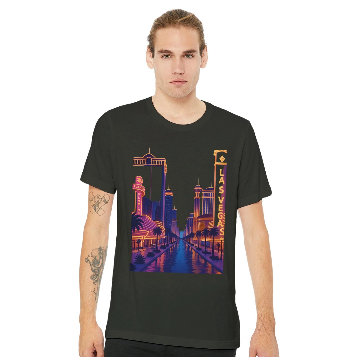 Cityscape travel t-shirt featuring colorful cartoon style Las Vegas landmarks perfect for casual outfits streetwear culture and global adventure fashion.