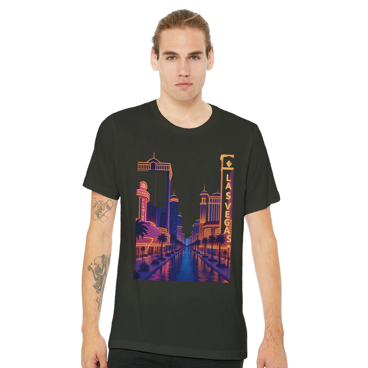 Cityscape travel t-shirt featuring colorful cartoon style Las Vegas landmarks perfect for casual outfits streetwear culture and global adventure fashion.