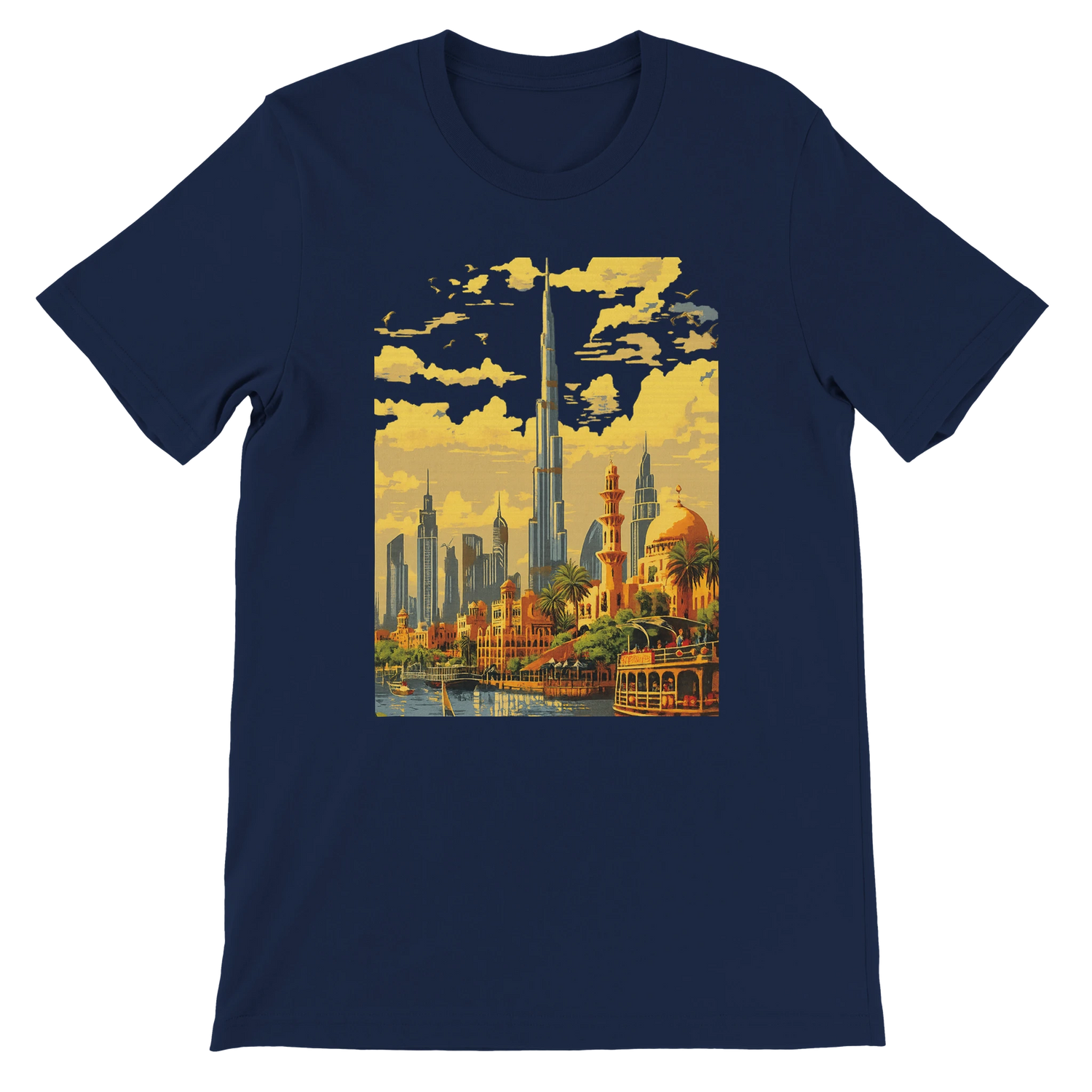 Navy Burj Khalifa Dubai animated skyline t shirt with striking landmark illustration for travel lovers architecture fans and modern streetwear culture made from soft cotton for lasting comfort ideal for global culture street style wearers