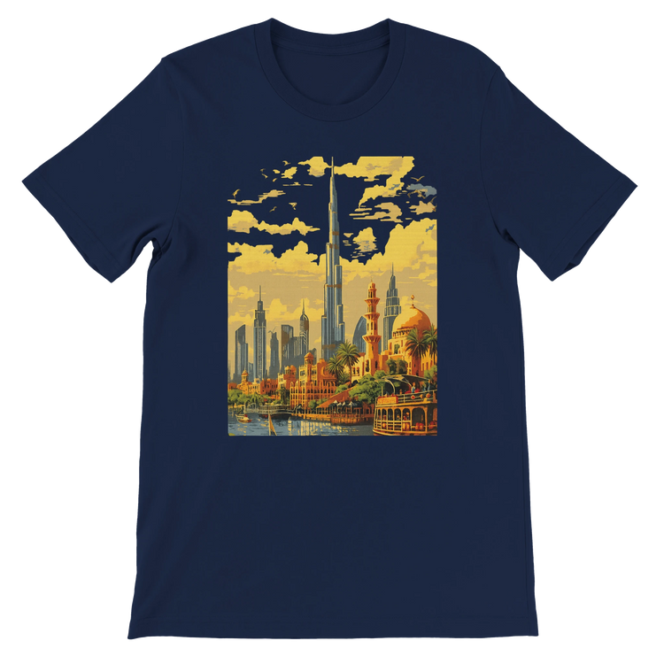 Navy Burj Khalifa Dubai animated skyline t shirt with striking landmark illustration for travel lovers architecture fans and modern streetwear culture made from soft cotton for lasting comfort ideal for global culture street style wearers