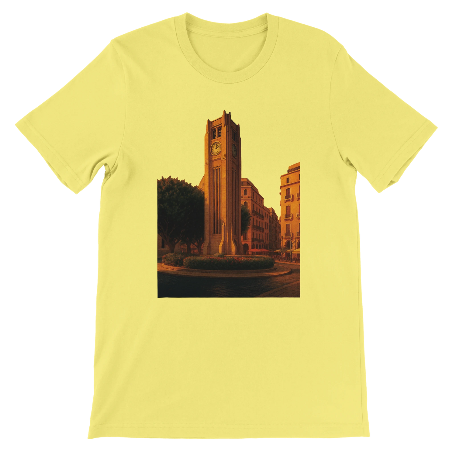 Yellow Beirut animated style landmark t-shirt featuring Solidere Square design on premium cotton with bright DTG print ideal for summer streetwear travel inspired outfits and cultural fashion lovers