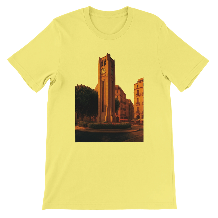 Yellow Beirut animated style landmark t-shirt featuring Solidere Square design on premium cotton with bright DTG print ideal for summer streetwear travel inspired outfits and cultural fashion lovers
