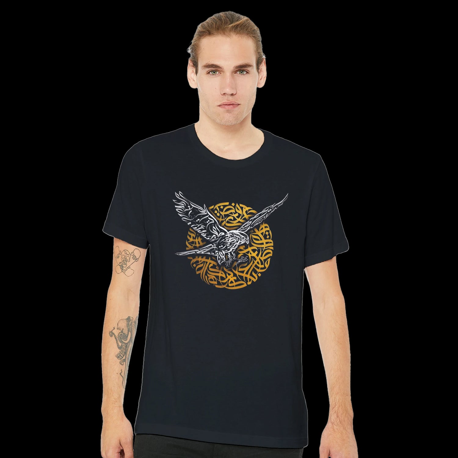 Falcon silhouette t-shirt in Arabic calligraphy style for urban fashion.
