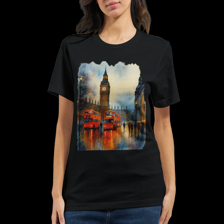 Woman wearing a black London streetwear t-shirt featuring Big Ben and red double decker bus design.