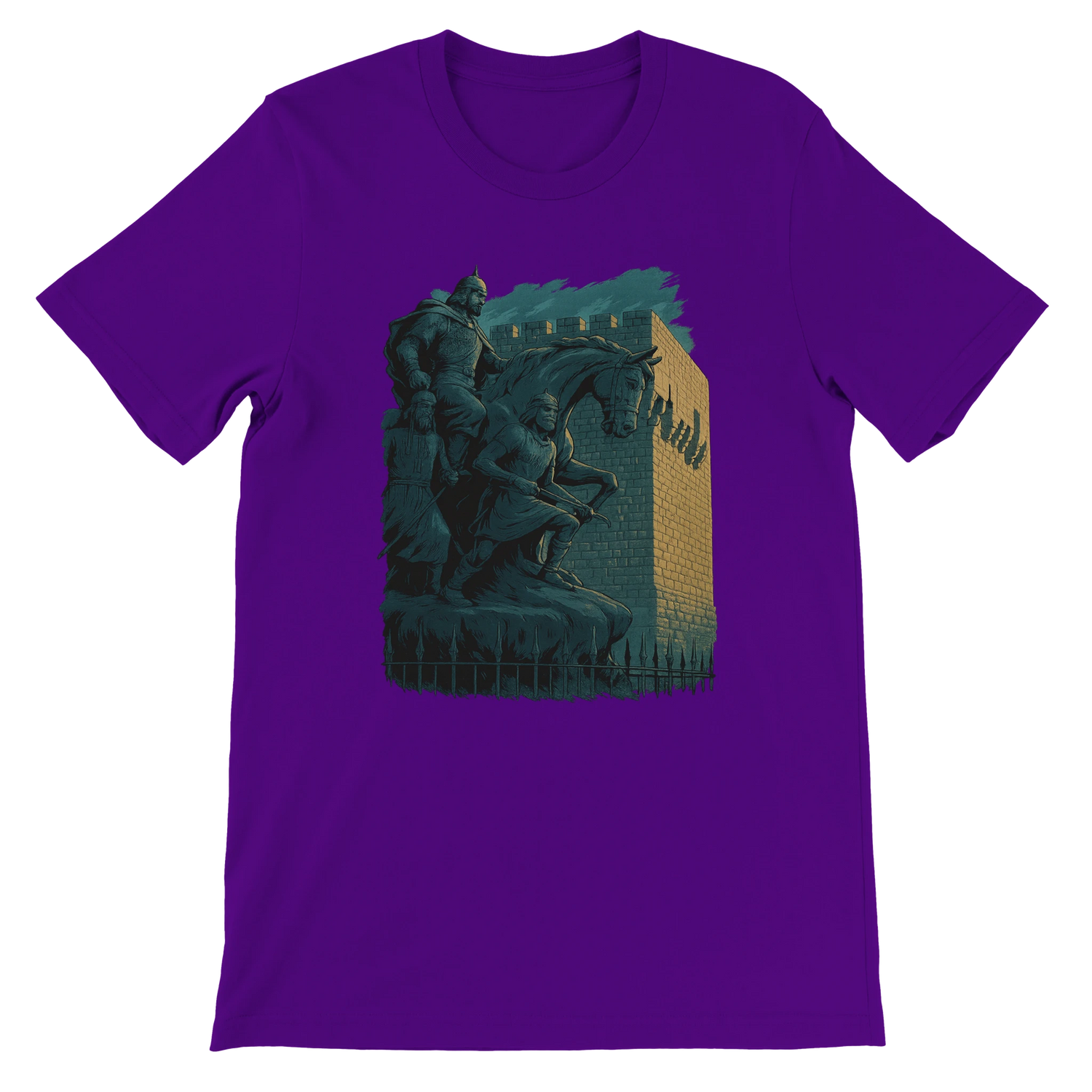 Team purple cotton tee showcasing cartoon-style animated artwork of Salah Al Din from Damascus. Culturally inspired print-on-demand streetwear perfect for global fashion and Arab identity. Tailored unisex fit with breathable softness.