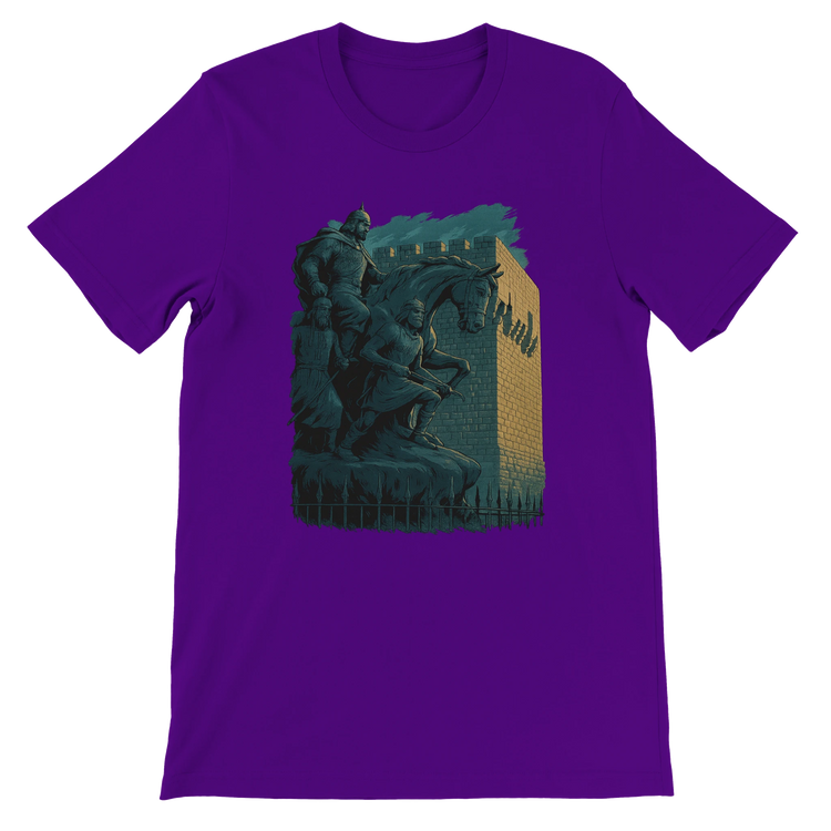 Team purple cotton tee showcasing cartoon-style animated artwork of Salah Al Din from Damascus. Culturally inspired print-on-demand streetwear perfect for global fashion and Arab identity. Tailored unisex fit with breathable softness.