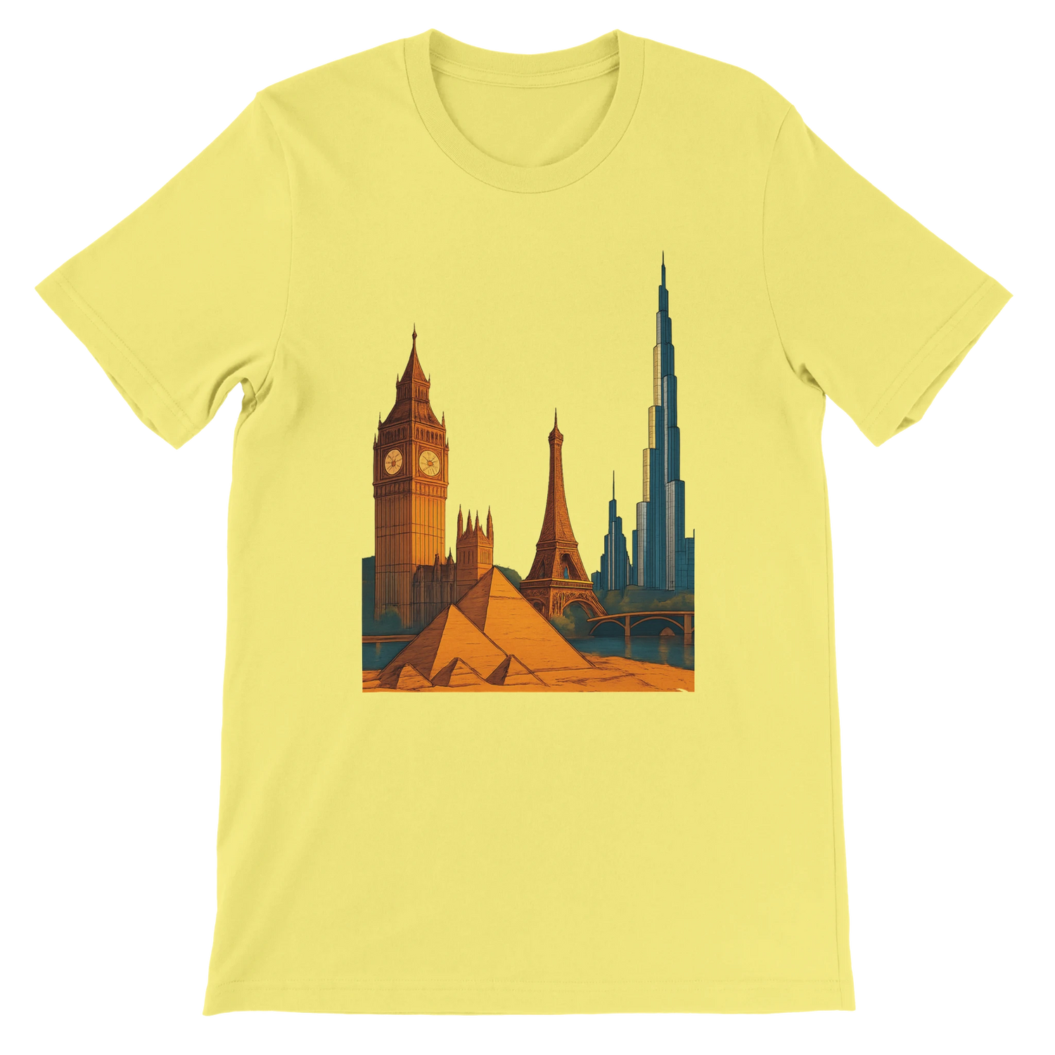 Yellow City Landmarks Animated T Shirt with colorful animated illustrations of iconic global landmarks including the Eiffel Tower Statue of Liberty and Sydney Opera House. Stylish travel lover graphic tee made from high quality cotton for wanderlust inspired streetwear and world traveler apparel.